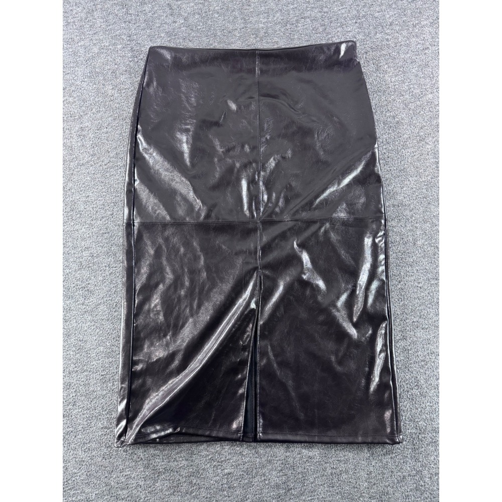A New Day Womens Faux Leather Midi Skirt Brown High Waist Front Slit Size 10